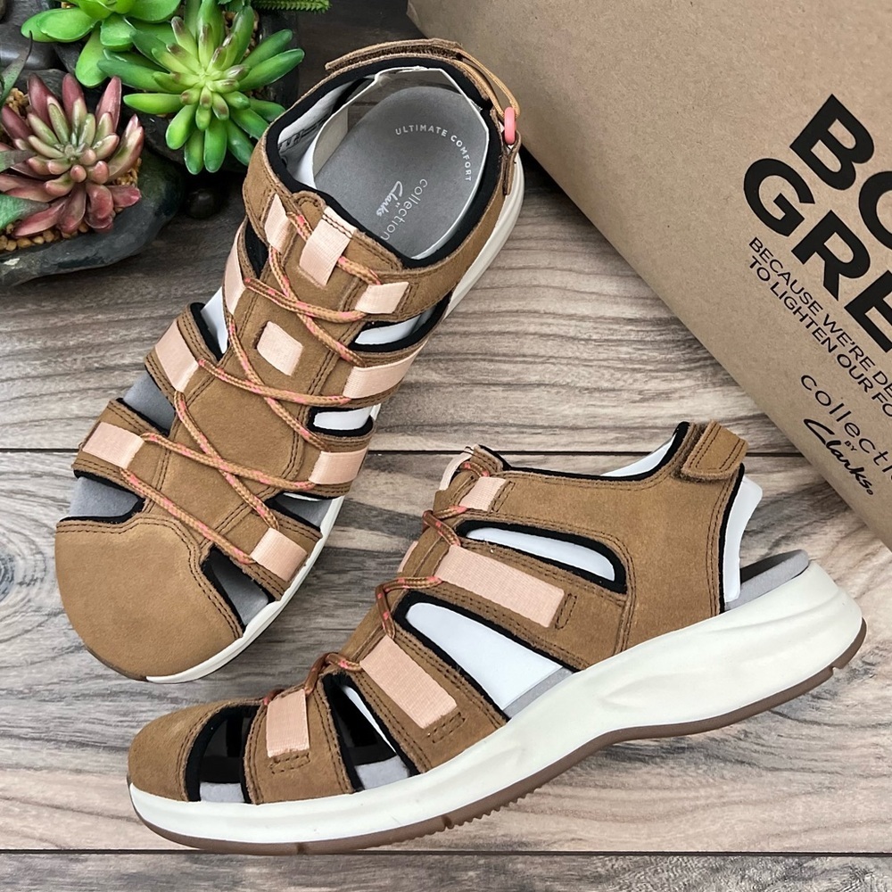 NIB Clarks Solan Sail Fisherman Sandal Dark Tan Combi Suede 8M 39